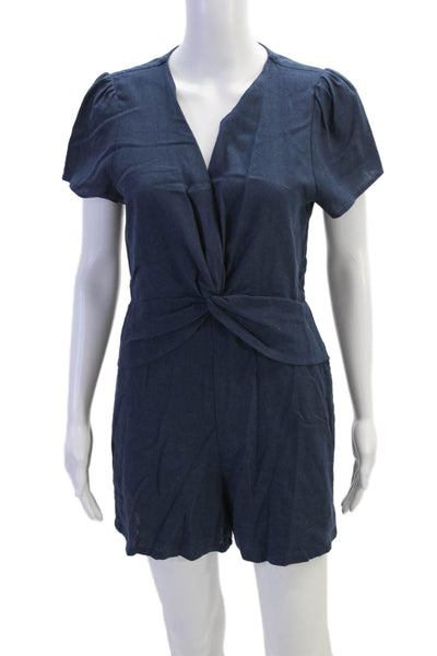 Amadi Womens Linen V Neck Twist Knot Short Sleeves Romper Navy Blue Size Small