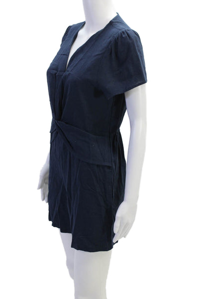 Amadi Womens Linen V Neck Twist Knot Short Sleeves Romper Navy Blue Size Small