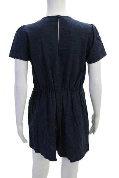 Amadi Womens Linen V Neck Twist Knot Short Sleeves Romper Navy Blue Size Small