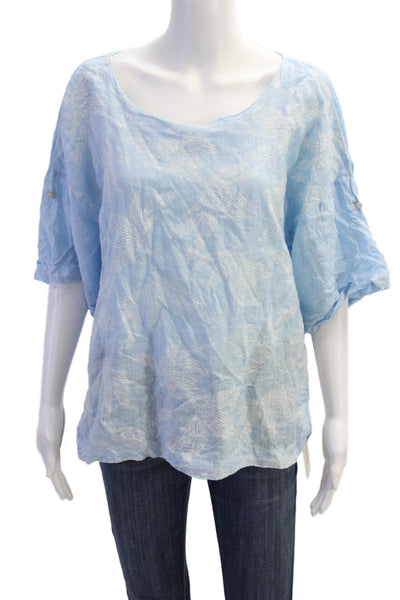 120% Lino Womens Linen Embroidered Short Sleeves Shirt Sky Blue Size Large