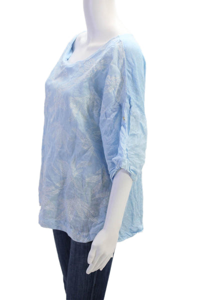 120% Lino Womens Linen Embroidered Short Sleeves Shirt Sky Blue Size Large