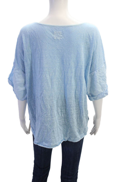 120% Lino Womens Linen Embroidered Short Sleeves Shirt Sky Blue Size Large