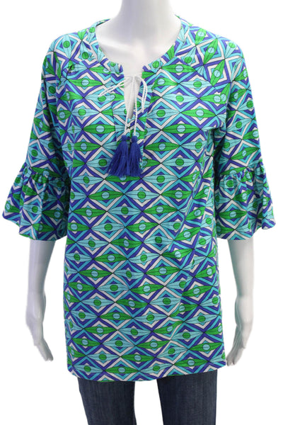 Tracy Negoshian Womens Geometric Print Key Hole Neck Blouse Blue Green Size Medi