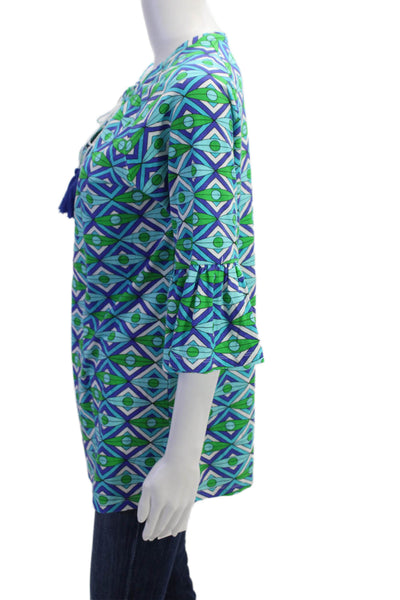 Tracy Negoshian Womens Geometric Print Key Hole Neck Blouse Blue Green Size Medi