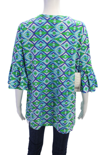 Tracy Negoshian Womens Geometric Print Key Hole Neck Blouse Blue Green Size Medi