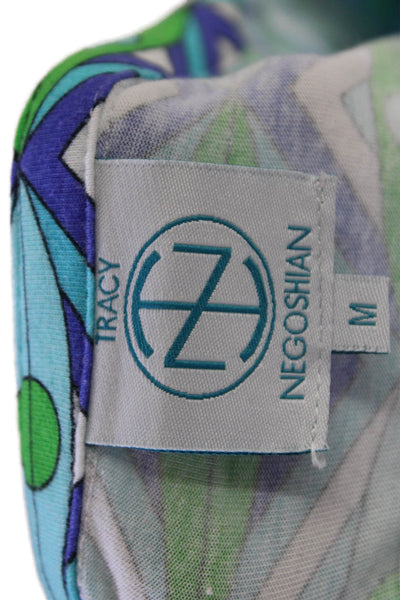 Tracy Negoshian Womens Geometric Print Key Hole Neck Blouse Blue Green Size Medi