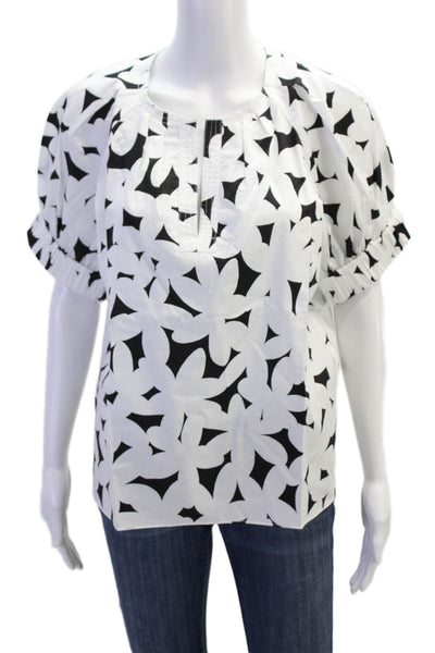 Tyler Boe Womens Cotton Floral Y-Neck Short Sleeve Blouse White Size M