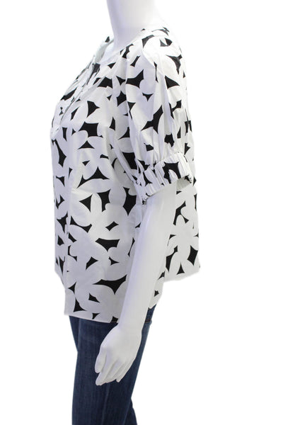 Tyler Boe Womens Cotton Floral Y-Neck Short Sleeve Blouse White Size M