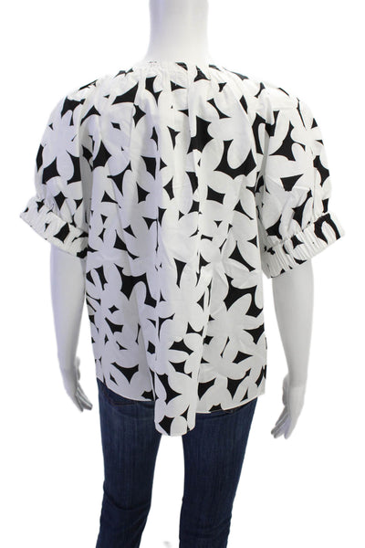 Tyler Boe Womens Cotton Floral Y-Neck Short Sleeve Blouse White Size M