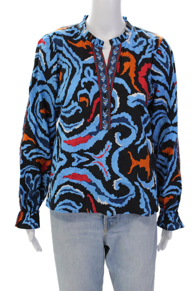 Maude Vivante Womens Cotton Long Sleeve Animal Print Blouse Blue Size XL