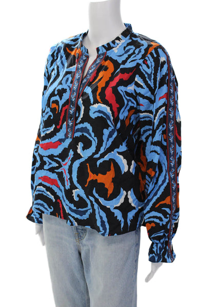 Maude Vivante Womens Cotton Long Sleeve Animal Print Blouse Blue Size XL