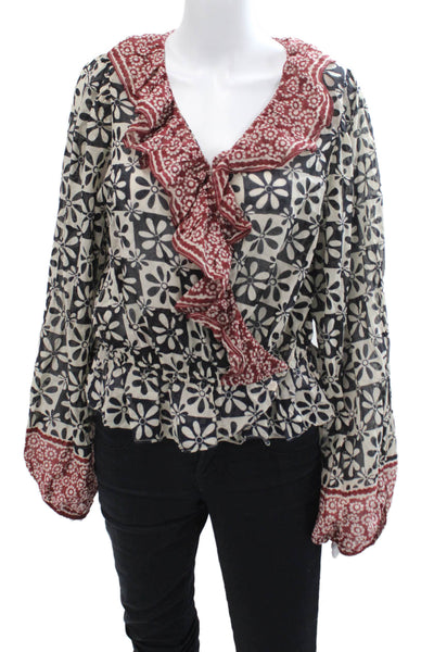 Free People Womens Cotton Ruffled Trim Peasant Sleeve Blouse Multicolor Size M