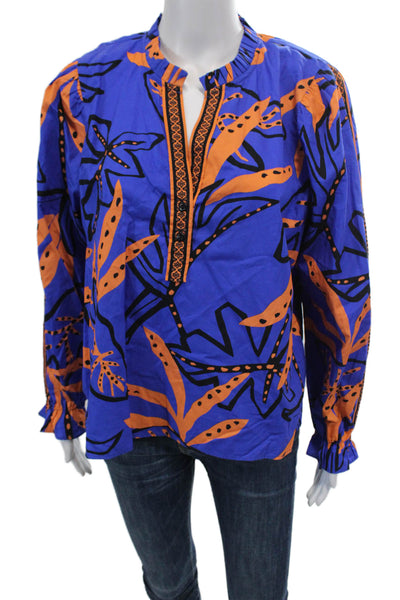 Maude Vivante Womens Cotton Abstract Print Long Sleeve Blouse Top Blue Size XL