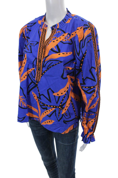 Maude Vivante Womens Cotton Abstract Print Long Sleeve Blouse Top Blue Size XL