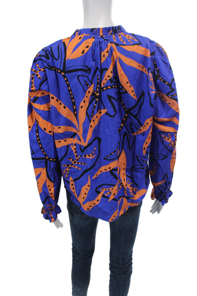 Maude Vivante Womens Cotton Abstract Print Long Sleeve Blouse Top Blue Size XL
