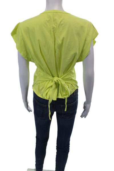 ALC Womens Cotton Short Sleeve Cropped Tie Waist T Shirt Neon Green Size S