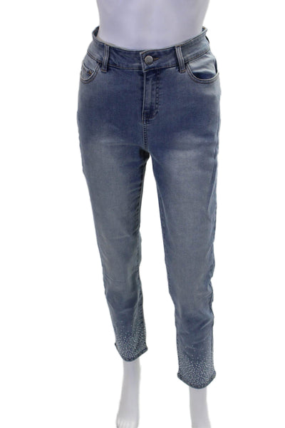 Renuar Womens Blue Wash Embellished Straight Leg Skinny Pants Blue Size 2