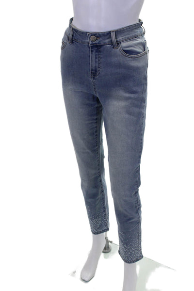 Renuar Womens Blue Wash Embellished Straight Leg Skinny Pants Blue Size 2