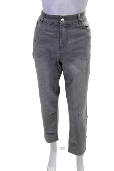 Renuar Womens Cotton Embellished Straight Leg Skinny Mid Rise Pants Gray Size 12