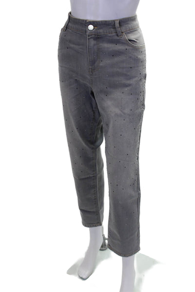 Renuar Womens Cotton Embellished Straight Leg Skinny Mid Rise Pants Gray Size 12