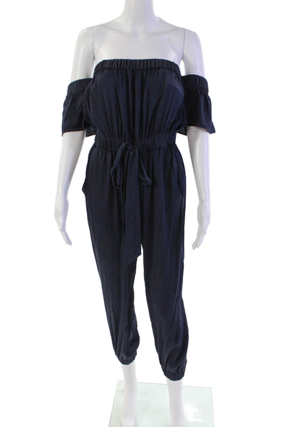 Milly Womens Short Sleeve Off Shoulder Straight Leg Silk Jumpsuit Navy Small