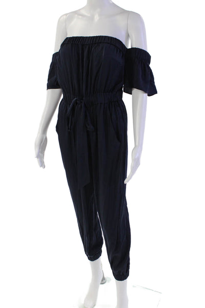 Milly Womens Short Sleeve Off Shoulder Straight Leg Silk Jumpsuit Navy Small