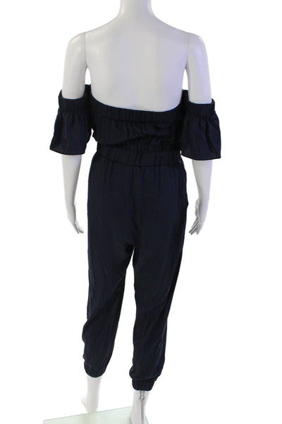 Milly Womens Short Sleeve Off Shoulder Straight Leg Silk Jumpsuit Navy Small