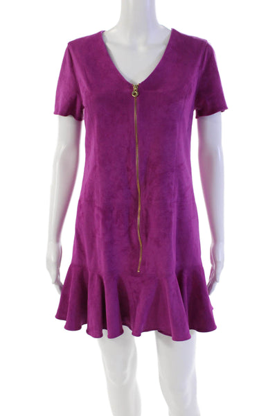 Anna Cate Womens Front Zip Short Sleeve V Neck Faux Leather Dress Purple Small