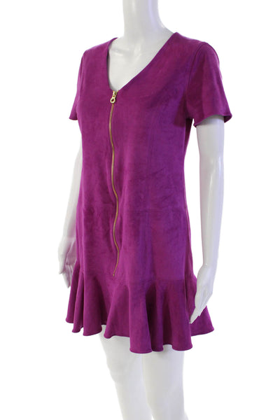 Anna Cate Womens Front Zip Short Sleeve V Neck Faux Leather Dress Purple Small