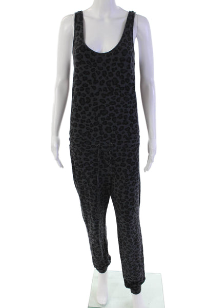 Monrow Womens Sleeveless Scoop Neck Knit Leopard Print Jumpsuit Gray Size Small