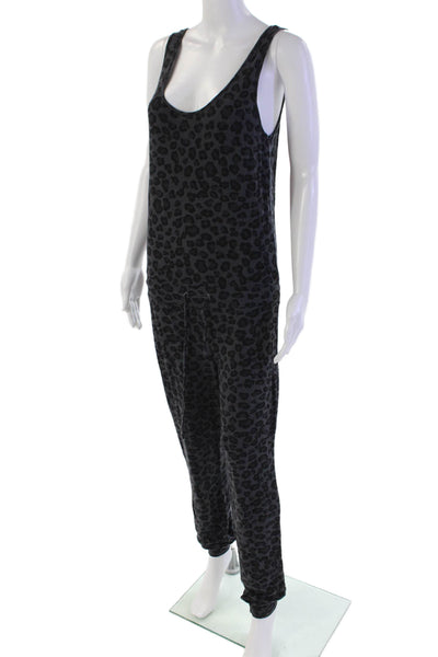 Monrow Womens Sleeveless Scoop Neck Knit Leopard Print Jumpsuit Gray Size Small