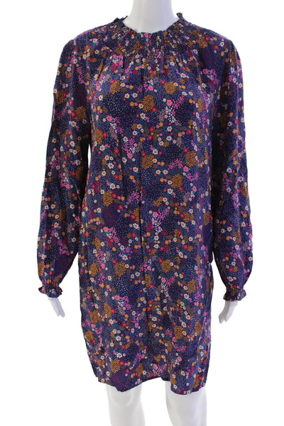 Caballero Womens Long Sleeve Smocked Crew Neck Floral Mini Dress Blue Size Small