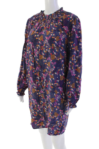Caballero Womens Long Sleeve Smocked Crew Neck Floral Mini Dress Blue Size Small