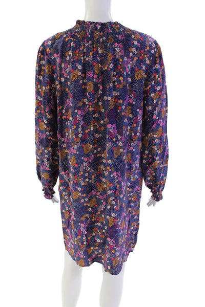 Caballero Womens Long Sleeve Smocked Crew Neck Floral Mini Dress Blue Size Small