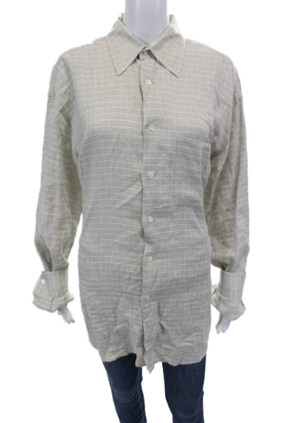 Ermenegildo Zegna Womens Linen Collar Long Sleeve Plaid Top Cream Size L