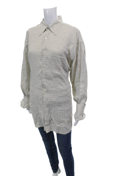 Ermenegildo Zegna Womens Linen Collar Long Sleeve Plaid Top Cream Size L