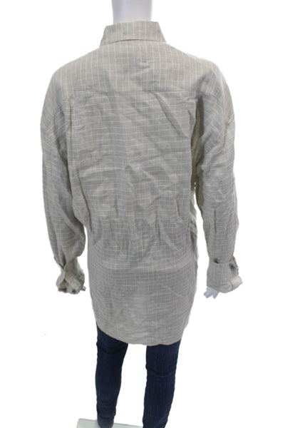 Ermenegildo Zegna Womens Linen Collar Long Sleeve Plaid Top Cream Size L