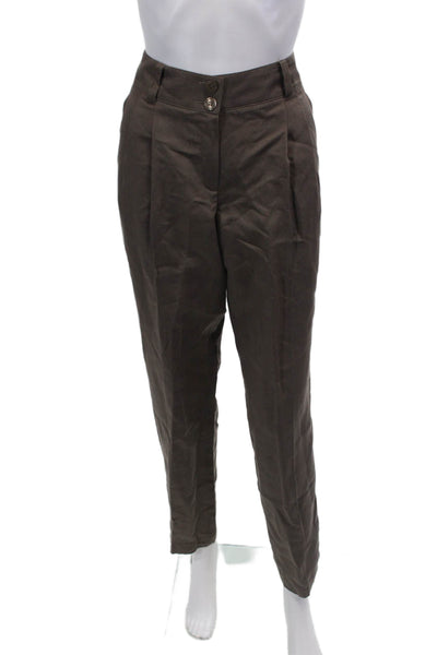 Black Label Womens Linen Zip Button Straight Leg Casual Pants Brown Size M