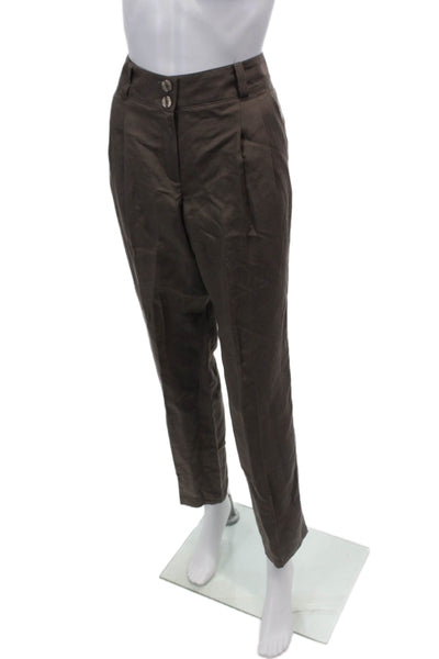 Black Label Womens Linen Zip Button Straight Leg Casual Pants Brown Size M