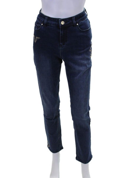 Renuar Womens Indigo Wash Embellished Star Straight Leg Pants Blue Size 10