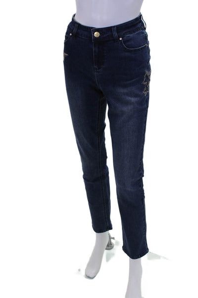 Renuar Womens Indigo Wash Embellished Star Straight Leg Pants Blue Size 10