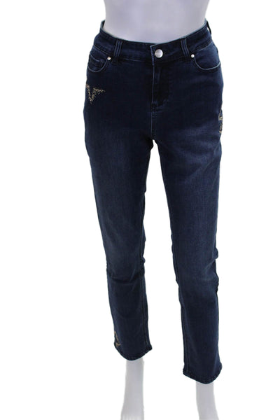 Renuar Womens Indigo Wash Embellished Star Straight Leg Pants Blue Size 6