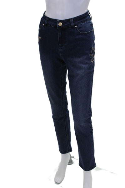 Renuar Womens Indigo Wash Embellished Star Straight Leg Pants Blue Size 6
