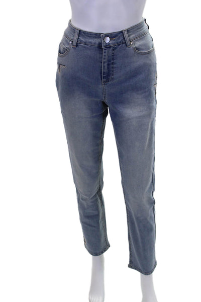 Renuar Womens Blue Wash Embellished Straight Leg Skinny Pants Blue Size 10