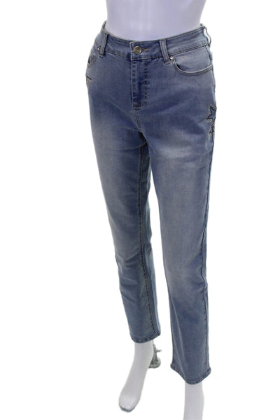Renuar Womens Blue Wash Embellished Straight Leg Skinny Pants Blue Size 10