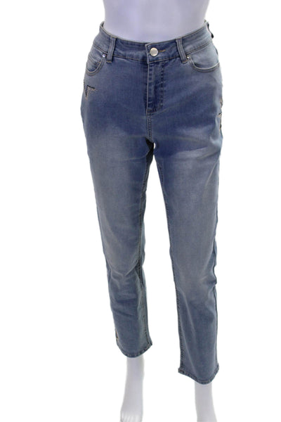 Renuar Womens Blue Wash Embellished Star Straight Leg Skinny Pants Blue Size 12