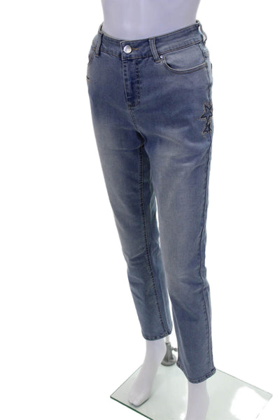 Renuar Womens Blue Wash Embellished Star Straight Leg Skinny Pants Blue Size 12