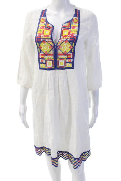120% Lino Womens Embroidered V-Neck Drawstring Sleeve Tunic Dress White Size S
