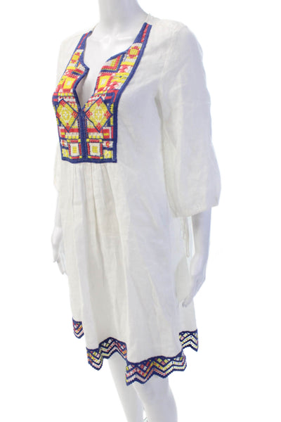 120% Lino Womens Embroidered V-Neck Drawstring Sleeve Tunic Dress White Size S
