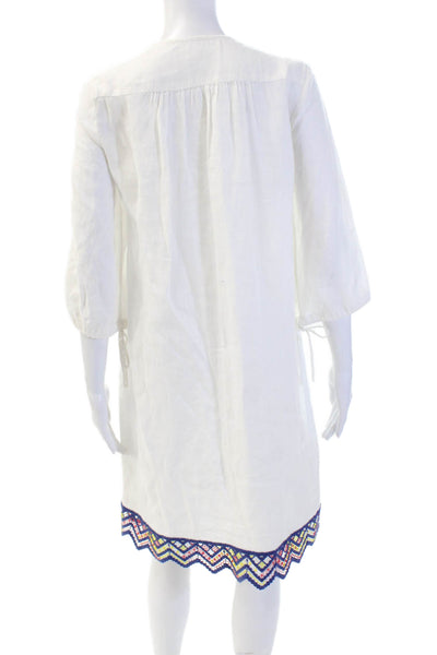 120% Lino Womens Embroidered V-Neck Drawstring Sleeve Tunic Dress White Size S